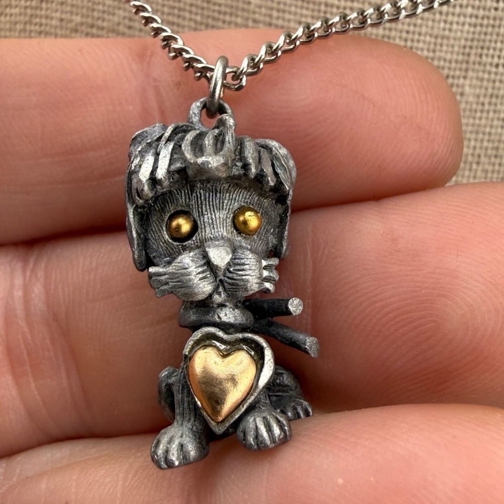 Vintage Cat Necklace Silver Tone Pewter Love Heart 19"‎